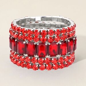 Red Emerald Cut Crystal Silver Wide Stretch Bracelet 5 Pcs Bling 1.5 Inches